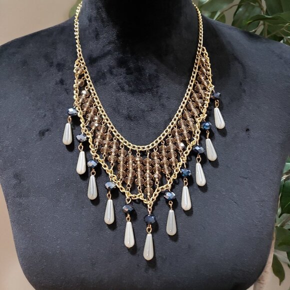 Womens Fashion Gold Tone Crystal Round Beads Collar Necklace with Lobster Clasp - Picture 1 of 6